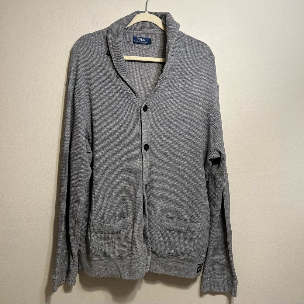 Polo by Ralph Lauren Waffle Knit Cotton Cardigan Gray‎ Men's Sweater Preppy XL